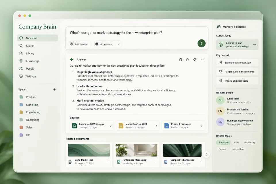 Knowledge assistant application concept showing document questions and source references