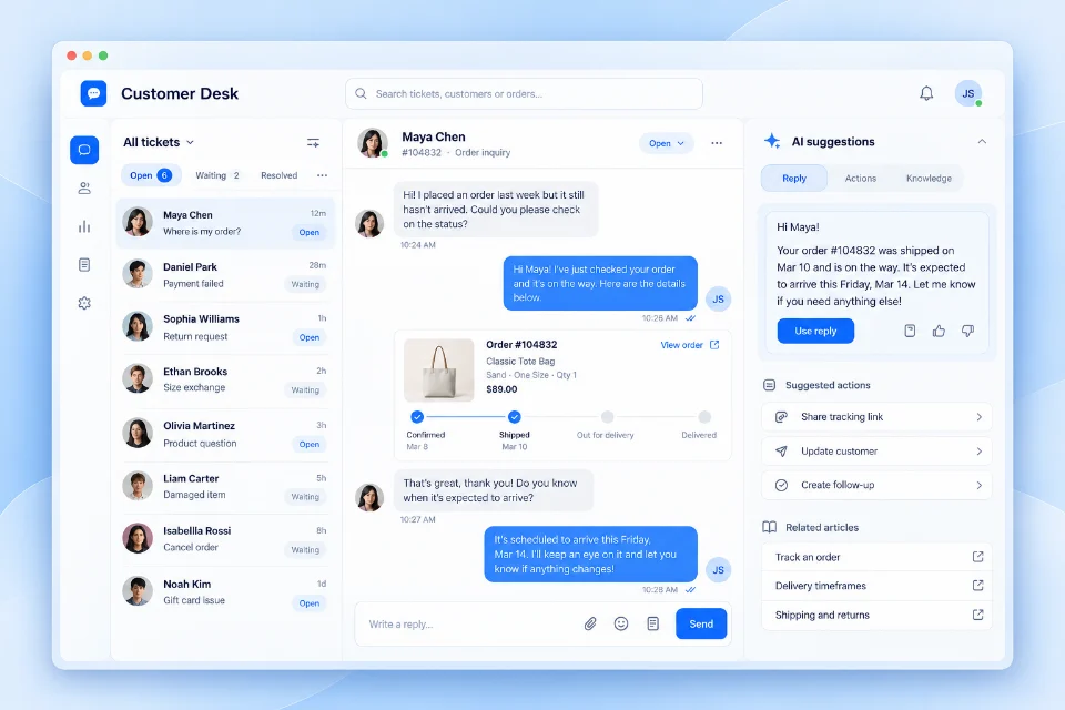 Customer support application concept with ticket records and a reply workspace